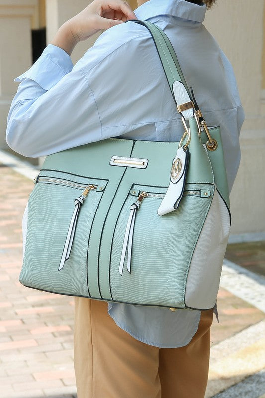 Light green MKF Sofia tote with keyring, double zip pockets and tassel pulls