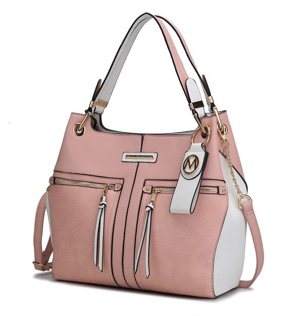 Pink Sofia tote with keyring, front zip pockets, tassel accents and top handles