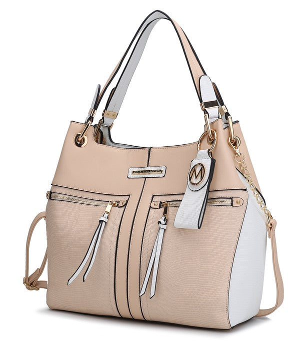Taupe Sofia tote with keyring, dual front zip pockets and hanging tassel details