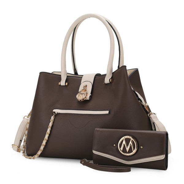 Brown Edith tote with light top handles and front zip pocket plus matching wallet