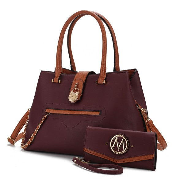 Wine-colored Edith tote with front zip pocket and matching wallet with oval logo