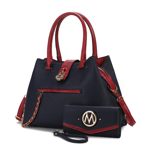 Navy Edith tote with red accents, front zip pocket, and matching wallet with oval logo