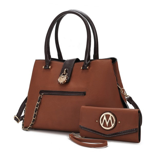 Cognac-brown Edith tote with chain strap, front zip pocket, and matching wallet