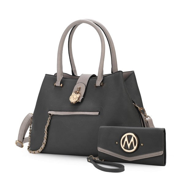 Black Edith tote with gray trim, front zip pocket, and matching wallet with oval logo