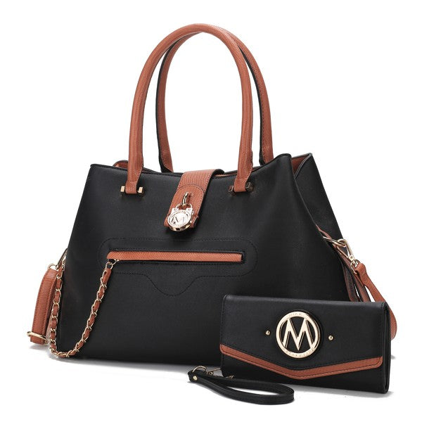 Black Edith tote with tan trim and front zip pocket plus matching wallet with oval logo