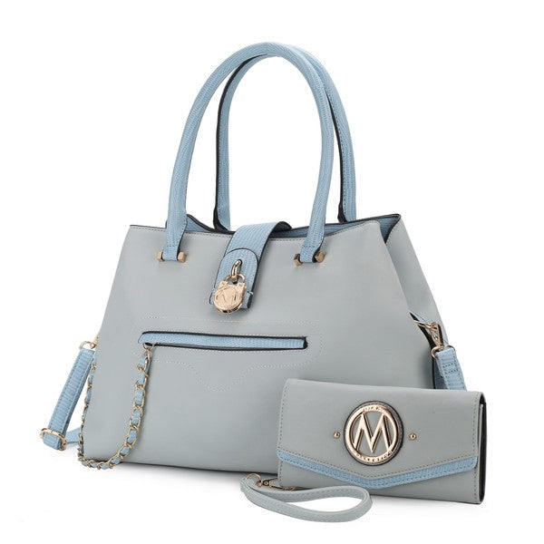Light blue Edith tote with front zip pocket and matching wallet with MK-style logo