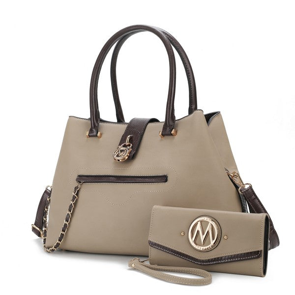 Tan Edith tote with front zip pocket and matching wallet with oval logo medallion