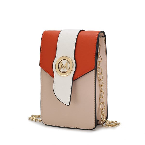 Phone crossbody with orange-cognac sides, white center panel, gold M logo and chain