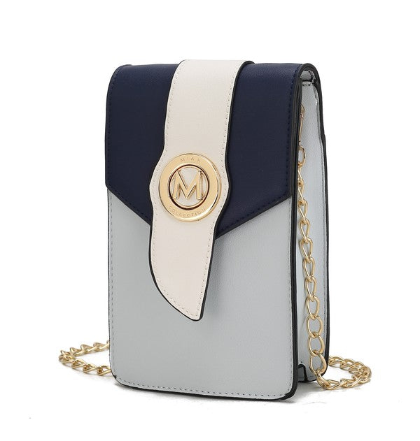 Phone crossbody with light gray body, navy top flap, white panel and gold M logo