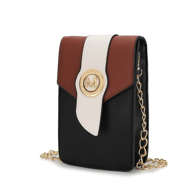 Phone crossbody with black bottom, brown side panels, white center panel and gold M logo