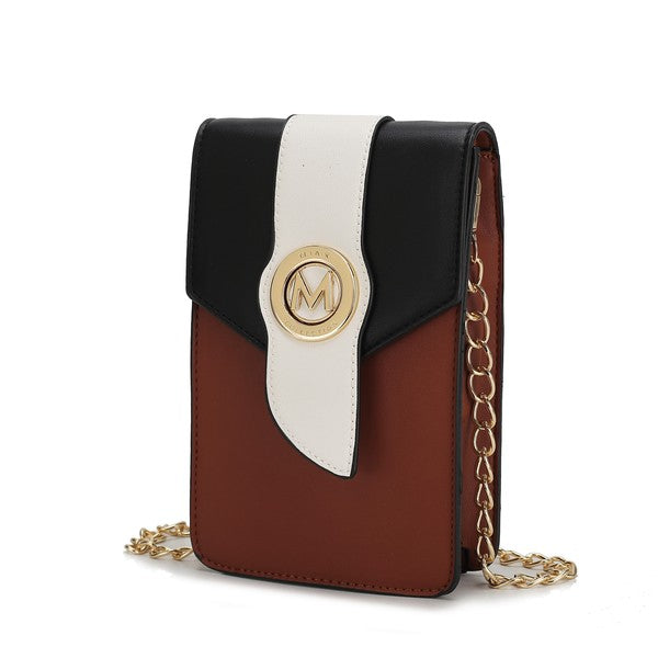 Burgundy phone crossbody with black top flap, white center panel and gold M logo