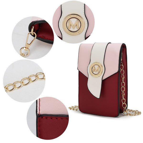 Phone crossbody close-up: gold chain strap and flap with round M logo medallion