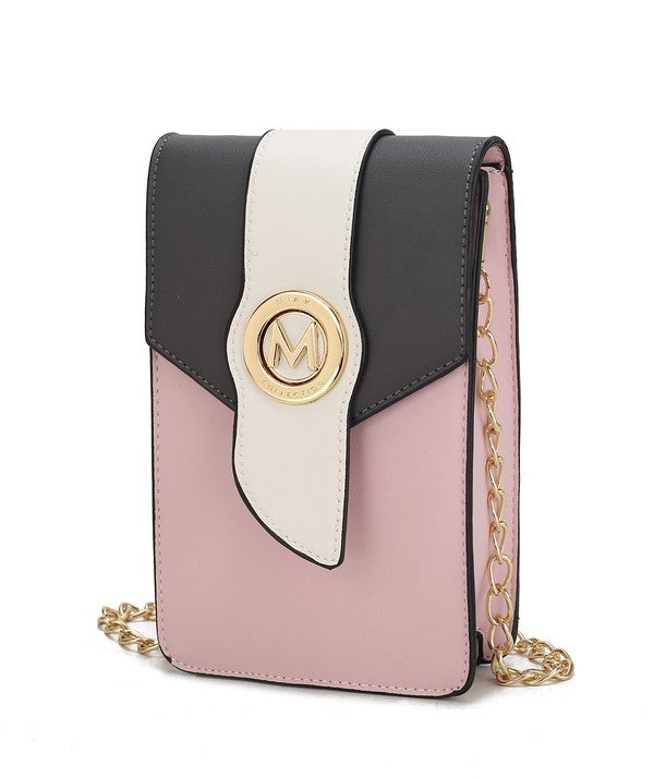 Phone crossbody in blush pink with black top flap, white center panel and gold M logo
