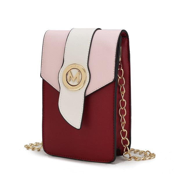 Blush and deep burgundy phone crossbody with white panel, gold M logo and chain strap