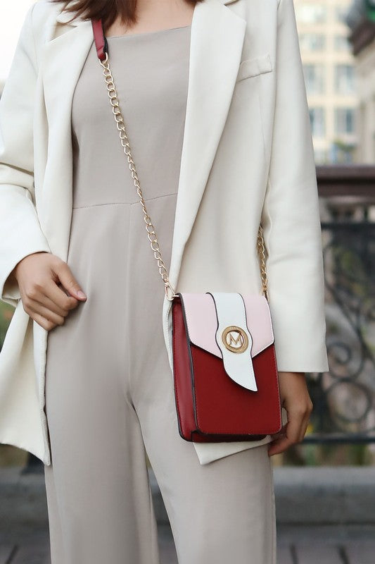 Dixie Phone Crossbody Bag in burgundy, blush and white with gold logo on flap
