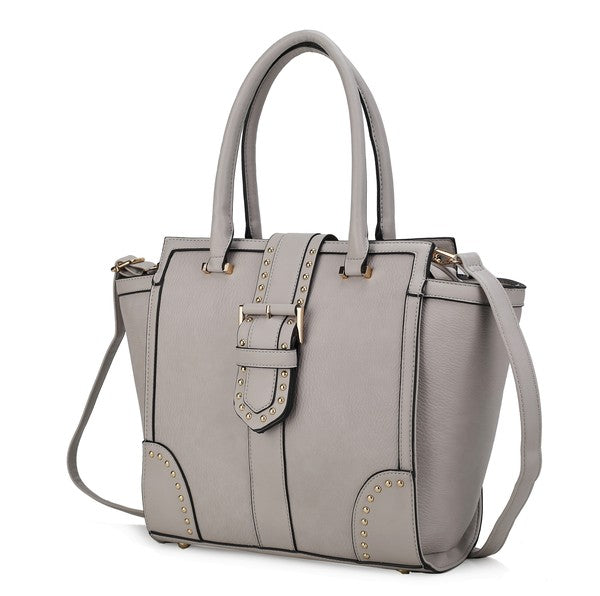 Ilana satchel bag in light grey with studded buckle detail, dual handles, shoulder strap