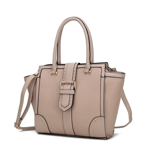 Ilana satchel bag in taupe with studded buckle detail, dual handles, shoulder strap