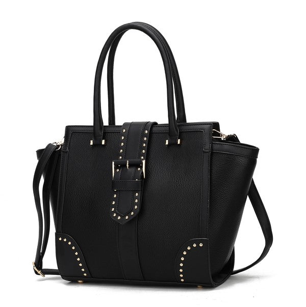 Ilana satchel bag with studded accents, dual top handles, and detachable shoulder strap