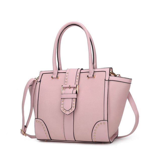 Ilana satchel bag in pink with studded buckle detail, dual handles, shoulder strap