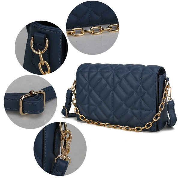 Ursula crossbody bag details: marine blue quilting with gold chain hardware and strap