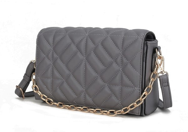 Ursula crossbody bag in grey, quilted diamond texture with gold-tone chain