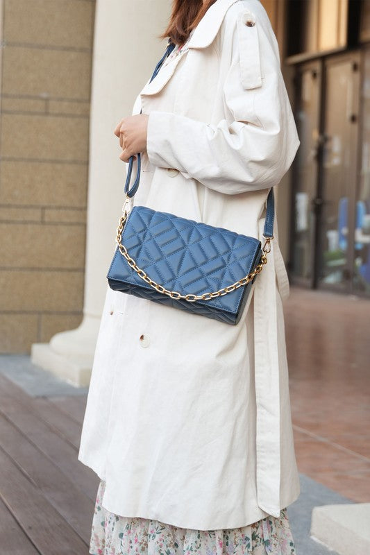 Ursula crossbody bag, marine blue quilted diamonds with gold chain crossbody strap