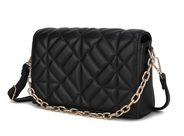 Ursula crossbody bag in black, quilted diamond pattern with gold-tone chain strap