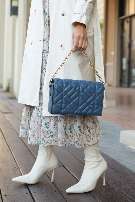 Ursula crossbody bag, marine blue quilted finish with top ring and long gold chain
