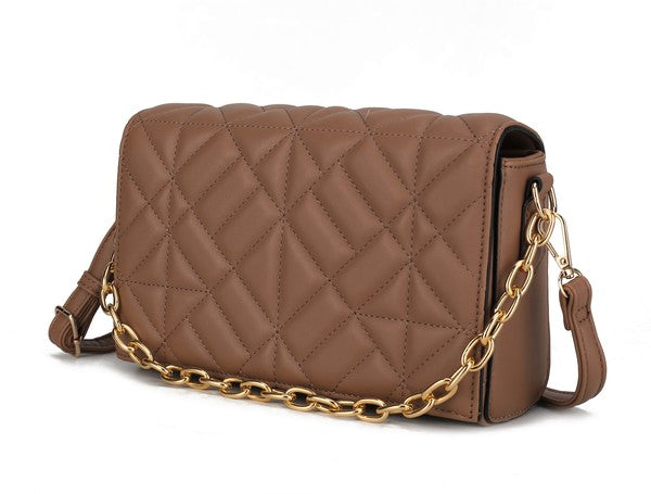 Ursula crossbody bag in taupe, quilted diamond stitching with gold-tone chain strap