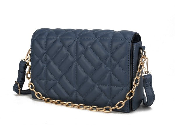 Ursula crossbody bag in marine blue, quilted diamond pattern and gold chain strap