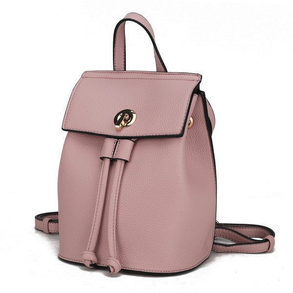 Serafina vegan leather backpack in blush pink, front flap with gold-tone clasp.