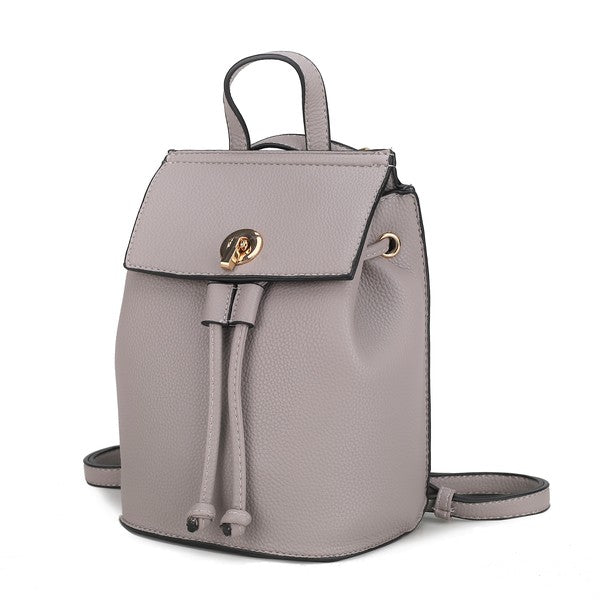 Serafina vegan leather backpack in taupe with top flap, drawstring ties, and strap.