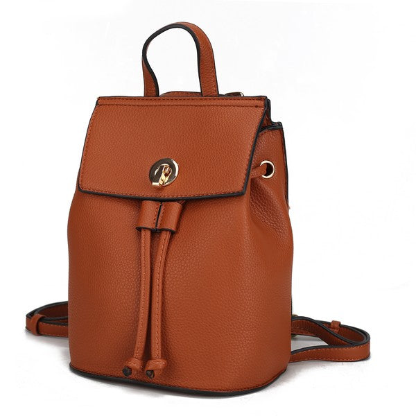 Serafina vegan leather backpack in brown with top flap, drawstring, and shoulder strap.