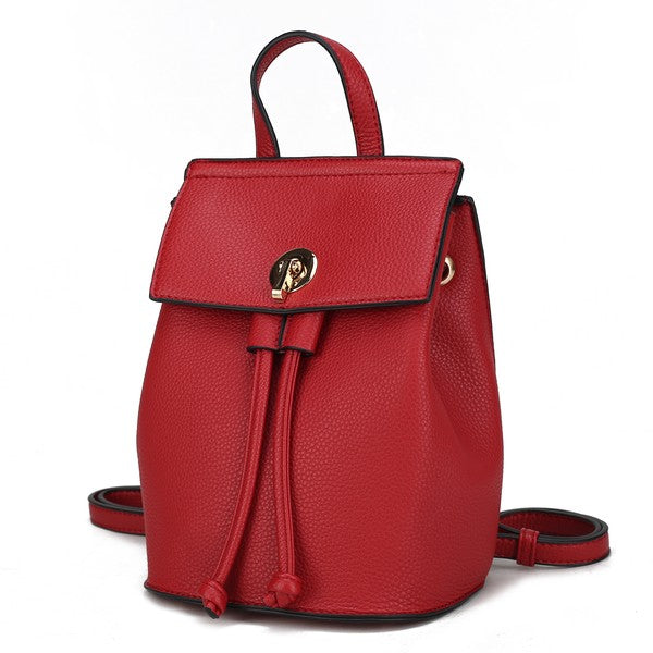 Serafina vegan leather backpack in red with top flap, drawstring, and crossbody strap.
