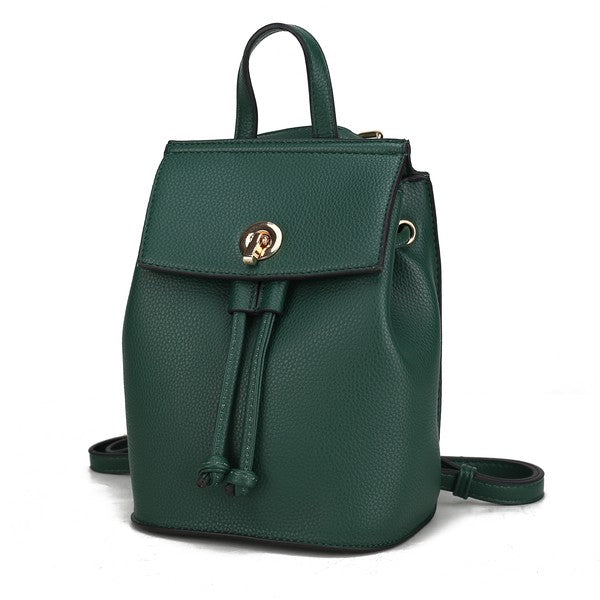 Serafina vegan leather backpack in green with top flap and adjustable crossbody strap.