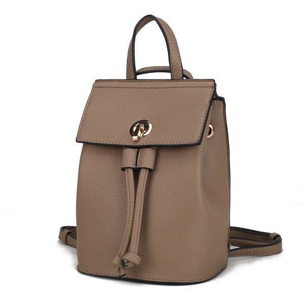 MKF Serafina vegan leather backpack in taupe with front flap and drawstring cord