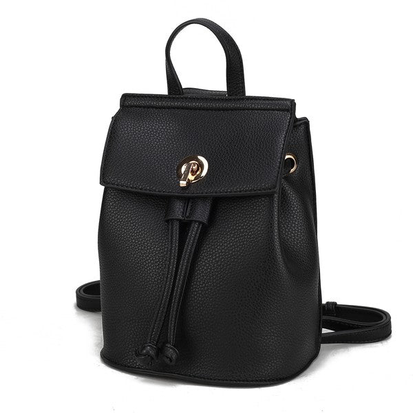 Serafina vegan leather backpack in black with top flap and adjustable crossbody strap.