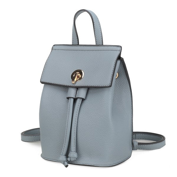 Serafina vegan leather backpack in denim blue with top flap and gold-tone clasp.