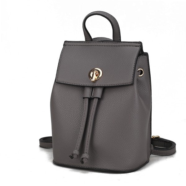 Serafina vegan leather backpack in charcoal gray with flap clasp and drawstring ties.