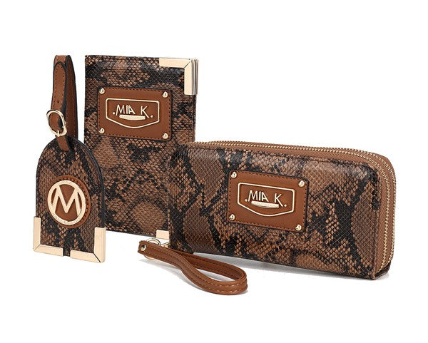 Cognac snake-print travel gift set with wrist strap and zip pouch