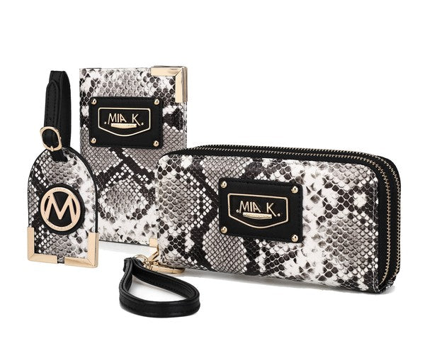 Taupe snake-print travel gift set with wrist strap and zip pouch