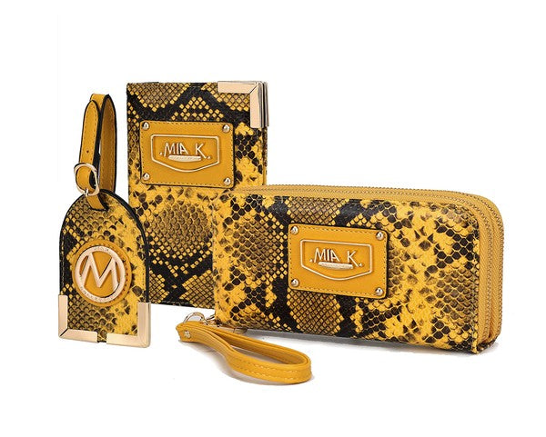 Mustard yellow snake-print travel gift set with wrist strap and zip pouch