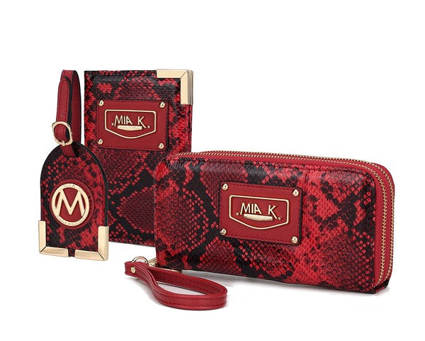 Wine red snake-print zip wallet with wrist strap and card case