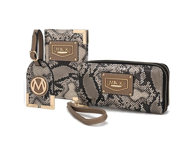 Taupe snake-print zip wallet with wrist strap and card holder