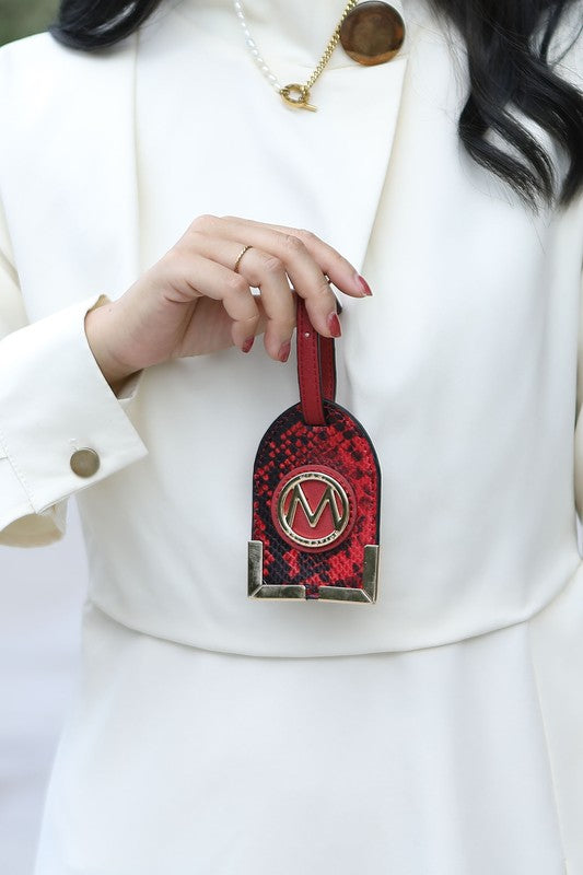 Wine snake-print wrist strap with circular logo emblem