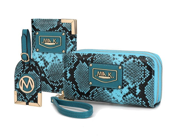 Turquoise snake-print zip wallet with wrist strap and card case