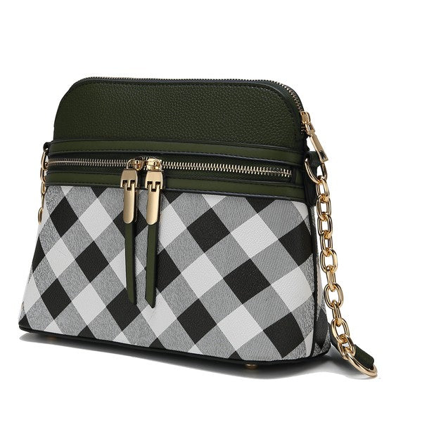 Checkered crossbody bag with olive top panel and gold chain strap
