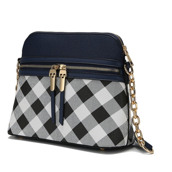 Checkered crossbody bag with navy top panel and gold chain strap