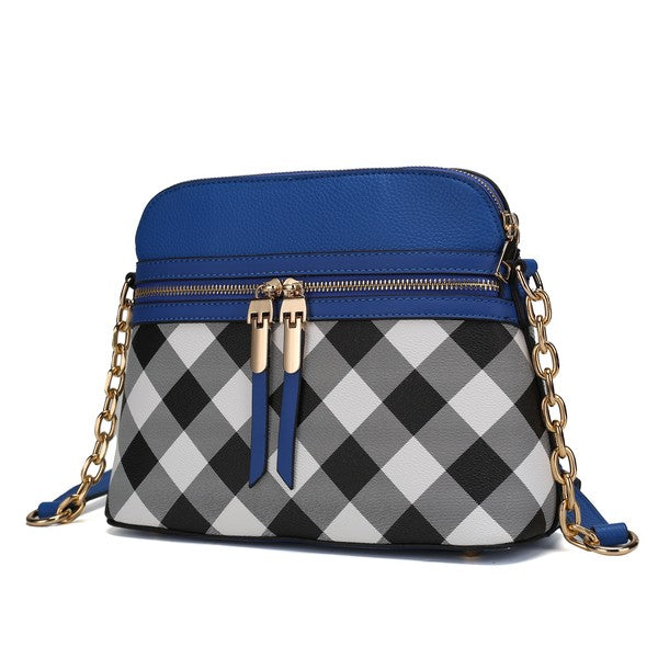 Checkered crossbody bag with royal blue top panel and gold chain strap