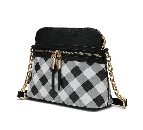 Checkered crossbody bag with black top, double zipper pulls, and gold chain